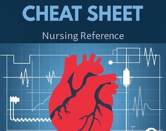 Può includere: Un foglio di riferimento per infermieri blu intitolato "CARDIAC DRIPS CHEAT SHEET". Presenta un'illustrazione di un cuore rosso con una rete di linee e simboli medici. Il testo "Stepdown + Telemetty Designed by a Nurse" è in basso.