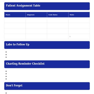 Pu&ograve; includere: Un modello di cronologia del turno di notte di 12 ore blu e bianco. La parte superiore del modello contiene il testo "12-Hour Night Shift Timeline" e "7 PM to 7 AM". Il modello include sezioni per gli incarichi dei pazienti, i laboratori, i promemoria dei grafici e le note.