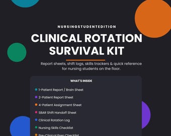 Può includere: Un documento Clinical Rotation Survival Kit grigio scuro per studenti di infermieristica. Presenta cerchi colorati ed elenca contenuti come fogli di rapporto, registri di turno, tracker di competenze e guide di 21,59 x 27,94 cm.