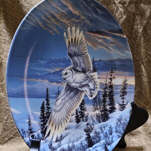 May include: Decorative plate featuring a snowy owl in flight over a winter landscape. The plate has a blue background with a painted scene of snow-covered ground, evergreen trees, and a cloudy sky. The plate is displayed on a black stand.