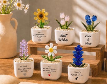Custom Glass Plant Pot, Personalized Daisy Sunflower Forever Flower Bouquet, Teacher Appreciation Gift, Graduate Gift, Mini Windowsill Decor