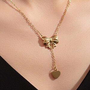 Gold Bow Necklace and Stud Earrings Set, Heart Charm