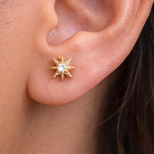 Nordstern Ohrstecker • Zierliche Starburst Knorpelohrring aus vergoldetem Edelstahl • Himmlische Ohrringe • Geschenke für Sie