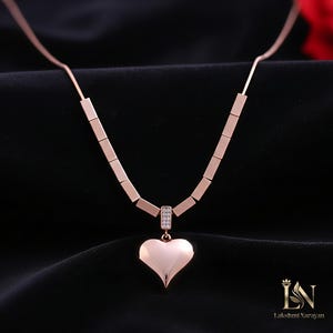 Rose Gold Heart Necklace in Stainless Steel • Rectangular Bar Chain Pendant • Crystal Accented Heart Jewelry • Waterproof Minimalist Gift