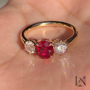 2 CT Ruby & Round Diamond Three Stone Ring, Lab Created Ruby Engagement Ring, Statement Bridal Ring, Solid Gold, Certified