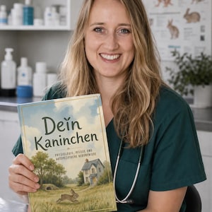 Könnte beinhalten: Ein gebundenes Buch mit dem Titel Dein Kaninchen und dem Untertitel Physiologie, Pflege und artspezifische Bedürfnisse. Das Cover zeigt eine Illustration eines Kaninchens auf einer Wiese vor einem Haus unter einem blauen Himmel.