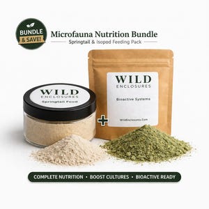 May include: A microfauna nutrition bundle for springtails and isopods. The image shows a jar of springtail food, a bag of bioactive systems, and two piles of powder. The text reads "Complete Nutrition, Boost Cultures, Bioactive Ready."