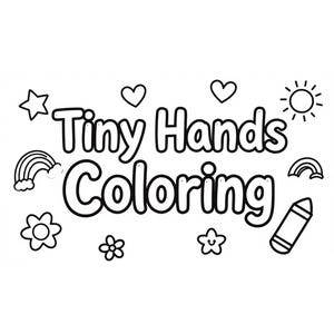 Puede incluir: Una página para colorear en blanco y negro con el texto Tiny Hands Coloring en una fuente de contorno grueso. El diseño está rodeado de ilustraciones de línea de una estrella, dos corazones, un sol, dos arcoíris, tres flores y un crayón.