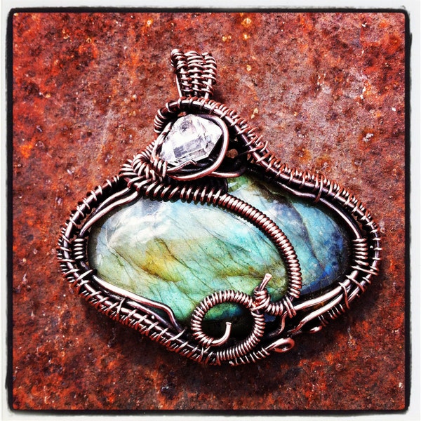 Labradorite, Diamond Quartz and Copper Wire Wrapped Pendant