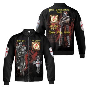 May include: Black bomber jacket with a knight illustration and the text "Name Here" and "Your Commandery No.68". The jacket features a red and white cross emblem on the sleeves and back, with additional text on the back.