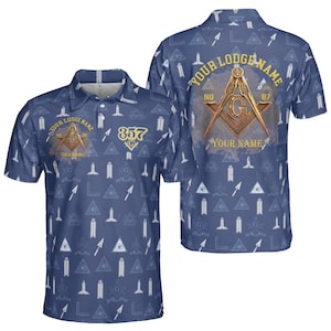 Custom Lodge Emblem Seamless Square and Compasses Blue Freemason 3D Men's Polo Shirt S-5XL