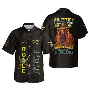 May include: Black button-up shirt with a repeating pattern and text. The front of the shirt features the word "DOBLE" in yellow, with crossed swords. The back of the shirt has an illustration of a muscular figure and the words "PALESTINE Temple No. 18".