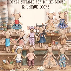 Op de afbeelding: Een digitaal boek getiteld SUMMER BOOK CLOTHES SUITABLE FOR MAILEG MOUSE 12 UNIQUE LOOKS met illustraties van twaalf beige muizenpoppen in diverse outfits, waaronder jurken, pyjama's en tuinbroeken, samen met naaibenodigdheden en patronen.