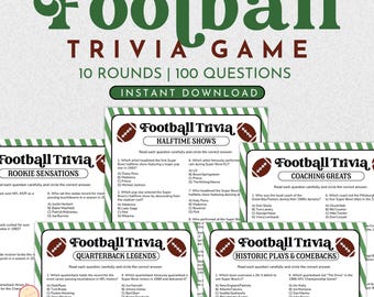 Könnte beinhalten: Eine Sammlung von Football-Quizkarten mit Kategorien wie Rookie Sensations, Halftime Shows, Quarterback Legends und Historic Plays & Comebacks. Die Karten enthalten Fragen und Antwortmöglichkeiten, mit einer Football-Grafik.