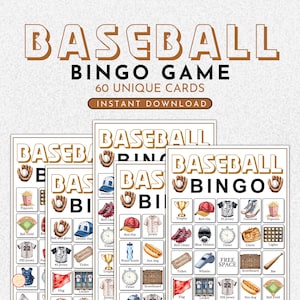 May include: Baseball Bingo Game with 60 unique cards. The design features baseball-themed illustrations like gloves, jerseys, and baseballs. The text "Baseball Bingo Game" is displayed at the top, with "Instant Download" below.