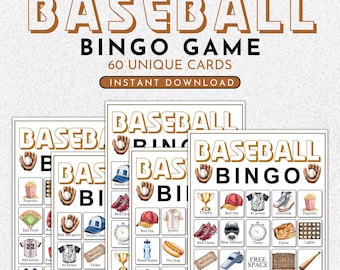 Könnte beinhalten: Baseball-Bingo-Spiel mit 60 einzigartigen Karten. Das Design zeigt Baseball-Illustrationen wie Handschuhe, Trikots und Basebälle. Der Text "Baseball Bingo Game" steht oben, darunter "Sofort-Download".