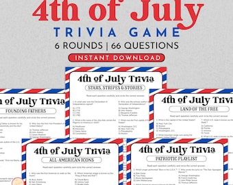 May include: A digital download graphic for a 4th of July trivia game. The design features red, white, and blue colors, with text including "Trivia Game" and "Instant Download". The game has 6 rounds and 66 questions.