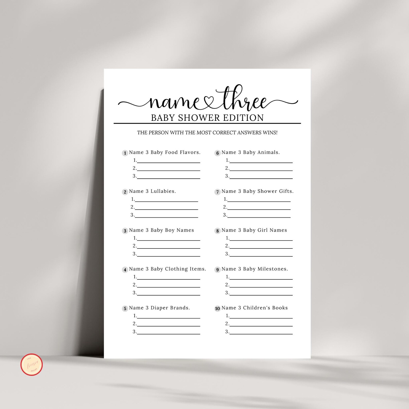 Name Three Game for Baby Showers | Instant Download - Etsy