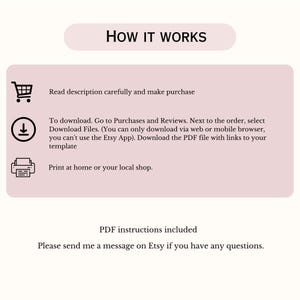 K&ouml;nnte beinhalten: Hellrosa Grafik mit dem Text "HOW IT WORKS" oben. Die Grafik enth&auml;lt Anweisungen zum Kauf, Herunterladen und Drucken einer Vorlage. Der Text enth&auml;lt auch eine Nachricht, um den Verk&auml;ufer bei Fragen zu kontaktieren.