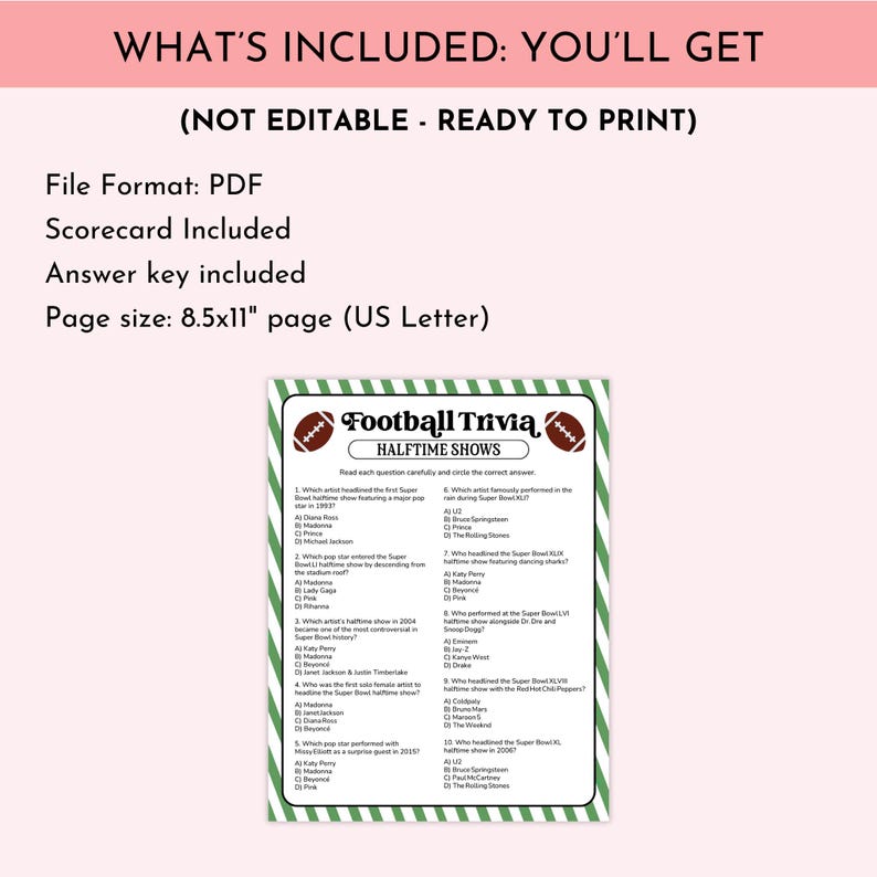 Halftime Bonus Question Football Halftime Trivia Game Printable (instant Download) - Etsy