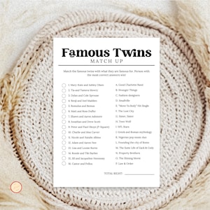 Könnte beinhalten: Ein schwarz-weißes Spielblatt mit dem Titel "Famous Twins Match Up". Das Spiel fordert die Spieler heraus, berühmte Zwillinge mit ihren Leistungen zu verbinden. Das Blatt enthält eine Liste von Zwillingen und eine entsprechende Liste von Leistungen.