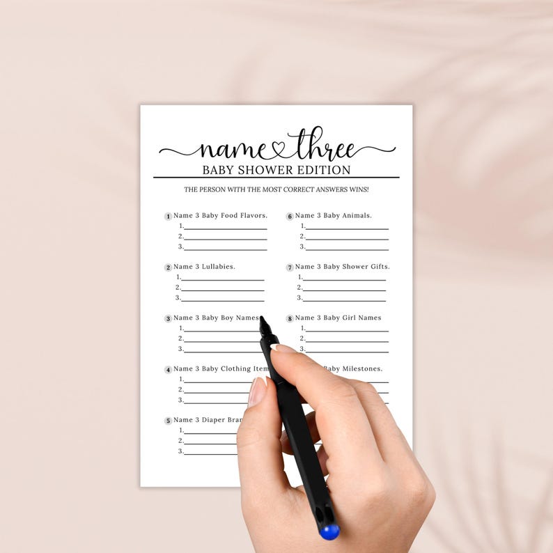 Name Three Game for Baby Showers | Instant Download - Etsy