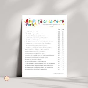 以下が含まれることがあります： 「エイプリルフール！トリックオアトゥルース」というカラフルなテキストが書かれた白い紙。紙には「真実」または「トリック」にチェックを入れるボックスが付いたステートメントのリストがあります。このゲームはエイプリルフール向けに設計されています。