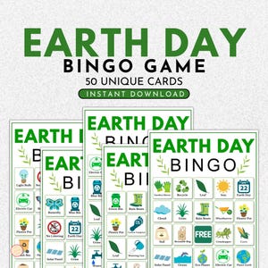 May include: Earth Day Bingo game with 50 unique cards, available for instant download. The design features green text and illustrations of environmental themes like recycling, solar panels, and planting. Perfect for educational activities.