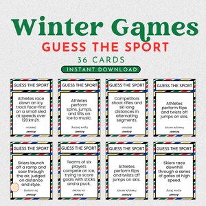 K&ouml;nnte beinhalten: Ein Set von 36 "Winterspiele - Errate die Sportart"-Karten. Jede Karte enth&auml;lt eine Sportbeschreibung und den Text "Errate die Sportart". Die Karten haben einen farbenfrohen Rand und sind als Sofort-Download verf&uuml;gbar.