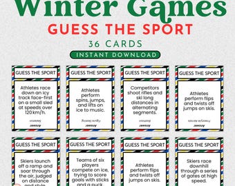 Könnte beinhalten: Ein Set von 36 "Winterspiele - Errate die Sportart"-Karten. Jede Karte enthält eine Sportbeschreibung und den Text "Errate die Sportart". Die Karten haben einen farbenfrohen Rand und sind als Sofort-Download verfügbar.