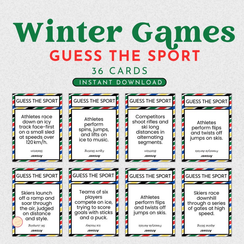 K&ouml;nnte beinhalten: Ein Set von 36 "Winterspiele - Errate die Sportart"-Karten. Jede Karte enth&auml;lt eine Sportbeschreibung und den Text "Errate die Sportart". Die Karten haben einen farbenfrohen Rand und sind als Sofort-Download verf&uuml;gbar.