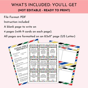 K&ouml;nnte beinhalten: Ein druckbares PDF-Spiel namens "Guess the Sport" mit Anweisungen und Spielkarten. Das Spiel enth&auml;lt Karten mit Beschreibungen von Wintersportarten wie Skifahren und Eislaufen. Die Seiten sind auf A4-Papier formatiert, was 21,6 x 27,9 cm entspricht.