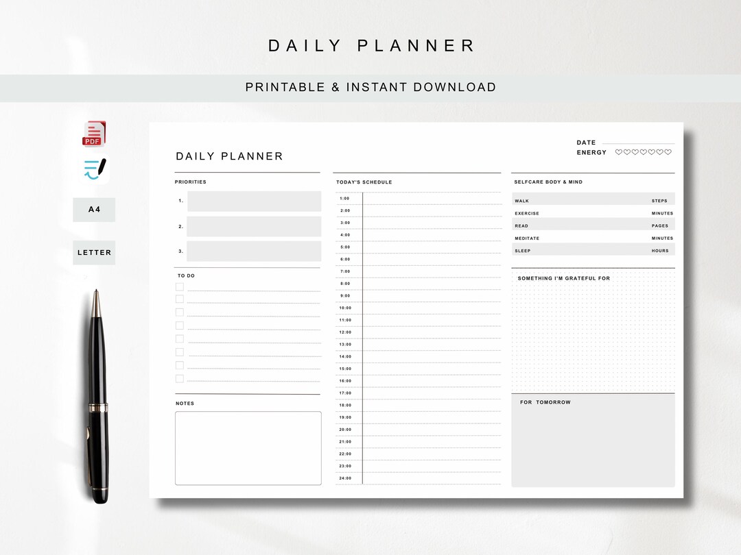 Minimal Daily Planner Printable PDF / Self Care / A4 & US Letter ...