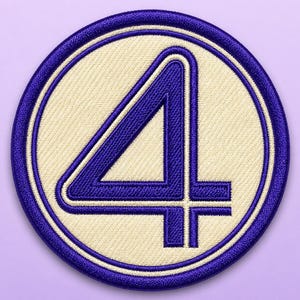 May include: A circular embroidered patch featuring a bold, dark blue number four centered on a cream-colored background. The patch is finished with a thick, dark blue stitched border that frames the design, creating a clean and defined edge.