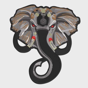 May include: Embroidered elephant patch featuring a detailed design with gray, black, and gold accents. The elephant has red eyes and a curled trunk. The patch is suitable for jackets, bags, or other fabric items.