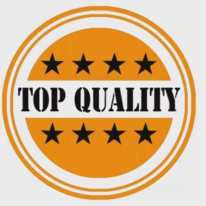 May include: Circular orange sticker with the text "TOP QUALITY" in black. The sticker features two rows of four black stars. The design is framed by a white border.
