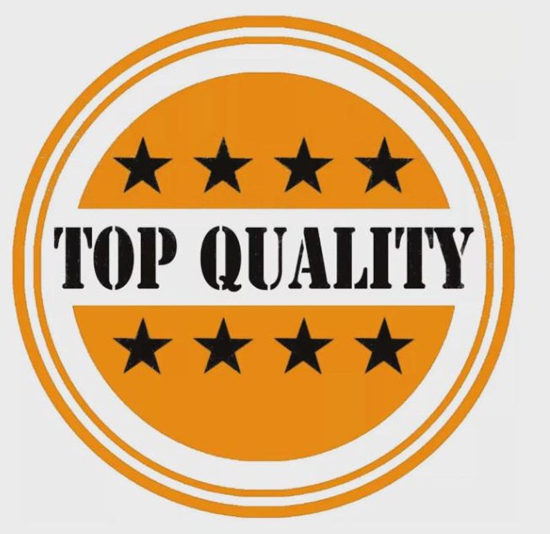 May include: Circular orange sticker with the text "TOP QUALITY" in black. The sticker features two rows of four black stars. The design is framed by a white border.