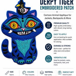 Derpy Tiger Embroidered Patch – Cartoon Animal Iron-On Sew-On Applique Badge for Jacket, Backpack, Vest, Hat & DIY Crafts