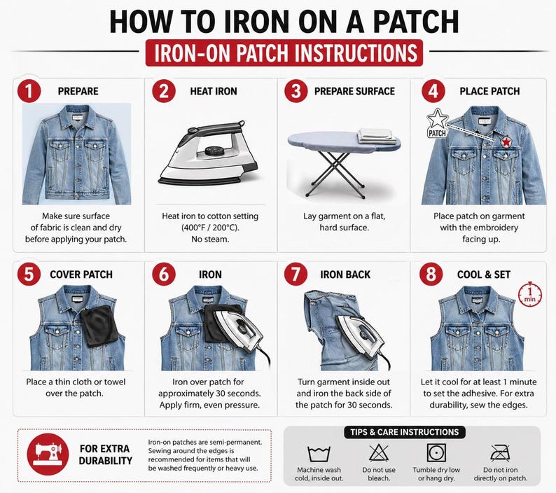 May include: Illustrated guide titled "HOW TO IRON ON A PATCH" with step-by-step instructions. Includes images of a denim jacket, iron, ironing board, and patch application. Text details preparing the fabric, heating the iron, and applying the patch.
