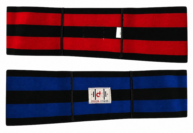 May include: Two weightlifting bands, one red and black striped, the other blue and black striped. Both bands have a pocket and are labeled with the "Dragon Fitness" logo. The bands are designed for strength training and fitness.