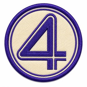 May include: Circular embroidered patch featuring the number 4 in a bold, stylized design. The number is rendered in deep purple, outlined in white, and set against a cream-colored background. The patch is bordered by a double purple ring.