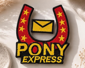 Embroidered Pony Express Patch, Vintage Western Horseshoe Badge, Iron On Applique