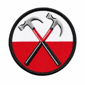 May include: A circular embroidered patch featuring a split background of white on the top half and red on the bottom half. Two grey hammers with red handles are crossed in the centre, all enclosed within a thick black stitched border.