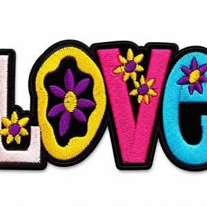 Bestickter LOVE-Aufnäher, bunte, aufbügelbare Blumenapplikation für Jacken und Hüte
