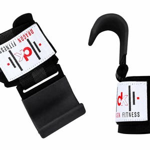 May include: Two black weightlifting wrist straps with hook attachments. Each strap has a white label with the text "DRAGON FITNESS" and the logo "dk". The straps are designed to assist with weightlifting exercises.