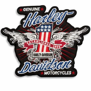 May include: A black patch featuring the Harley-Davidson logo. The design includes a stylized number one with red and white stripes, blue stars, and the words "Genuine Harley-Davidson Motorcycles" in white and blue.