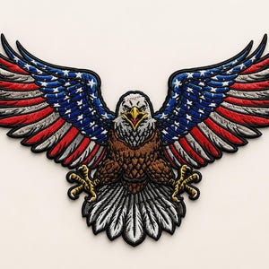 May include: Embroidered patch of an American bald eagle with outstretched wings. The wings are designed with the American flag, featuring red and white stripes, blue with white stars, and a black outline. The eagle's body is brown, white, and yellow.