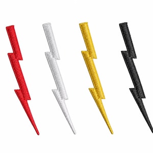 May include: Four embroidered lightning bolt patches in red, white, gold, and black. Each patch has a zig-zag design, with a pointed bottom. These patches can be used to decorate clothing, bags, or other fabric items.