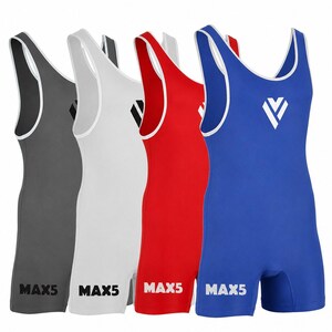 May include: Four wrestling singlets in gray, white, red, and blue. Each singlet has a white trim, a white logo, and the word "MAX5" printed on the leg. The singlets are sleeveless with a scoop neck.