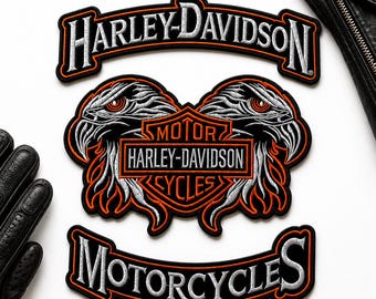 Harley-Davidson Double Eagle Embroidered Motorcycle Patch Set | Iron-On Biker Appliqué Badge Pair